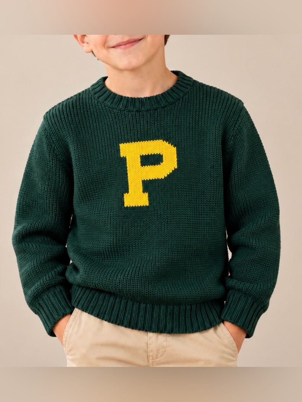 Polo Ralph Lauren Boys 6 Varsity P Collegiate Cotton Knit Sweater Green Yellow